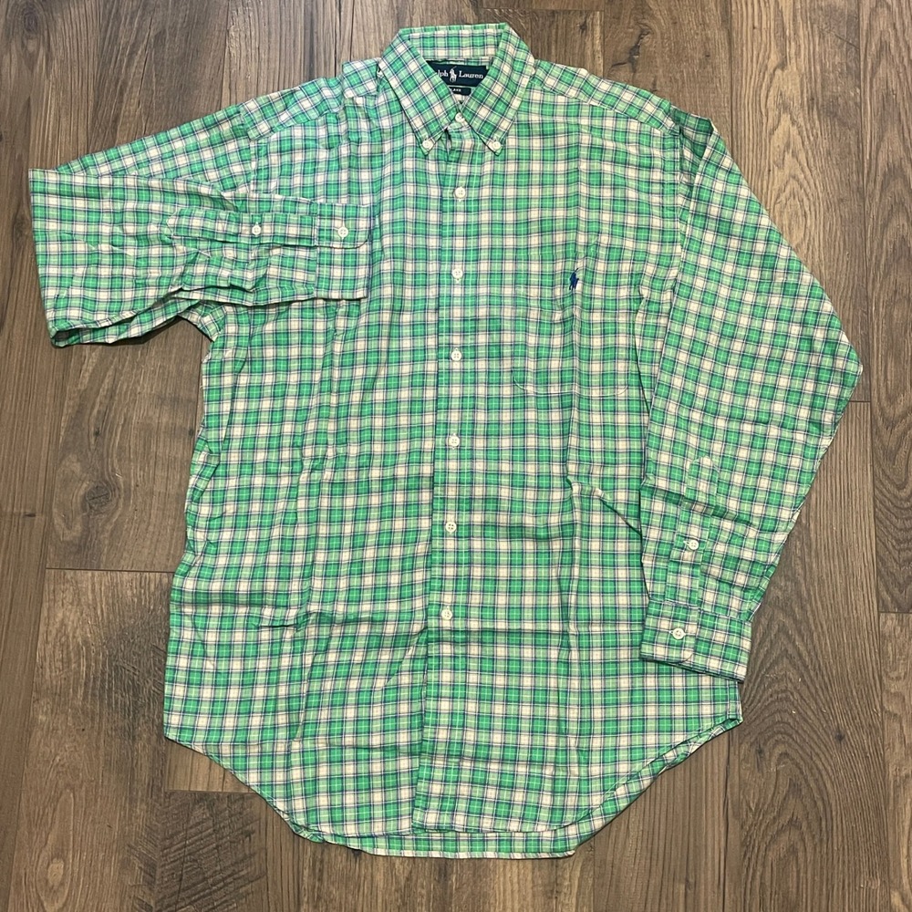 Ralph Lauren Blake Mens Small Green White Plaid Button Down Shirt Long Sleeve